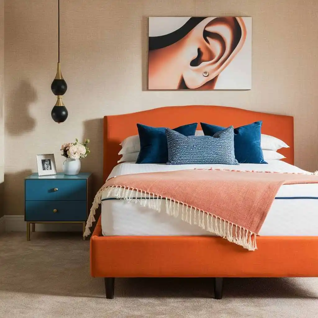 small bedroom with orange bed