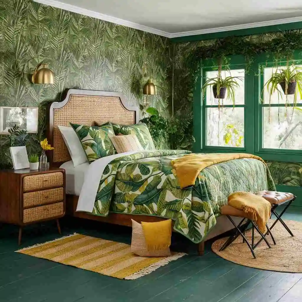 tropical green yellow brown bedroom