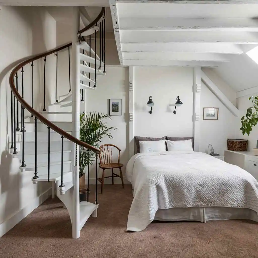 white small bedroom with stairs