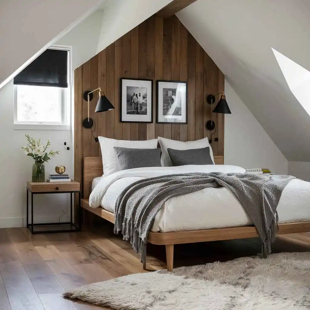 wooden wall bedroom gray black white accents