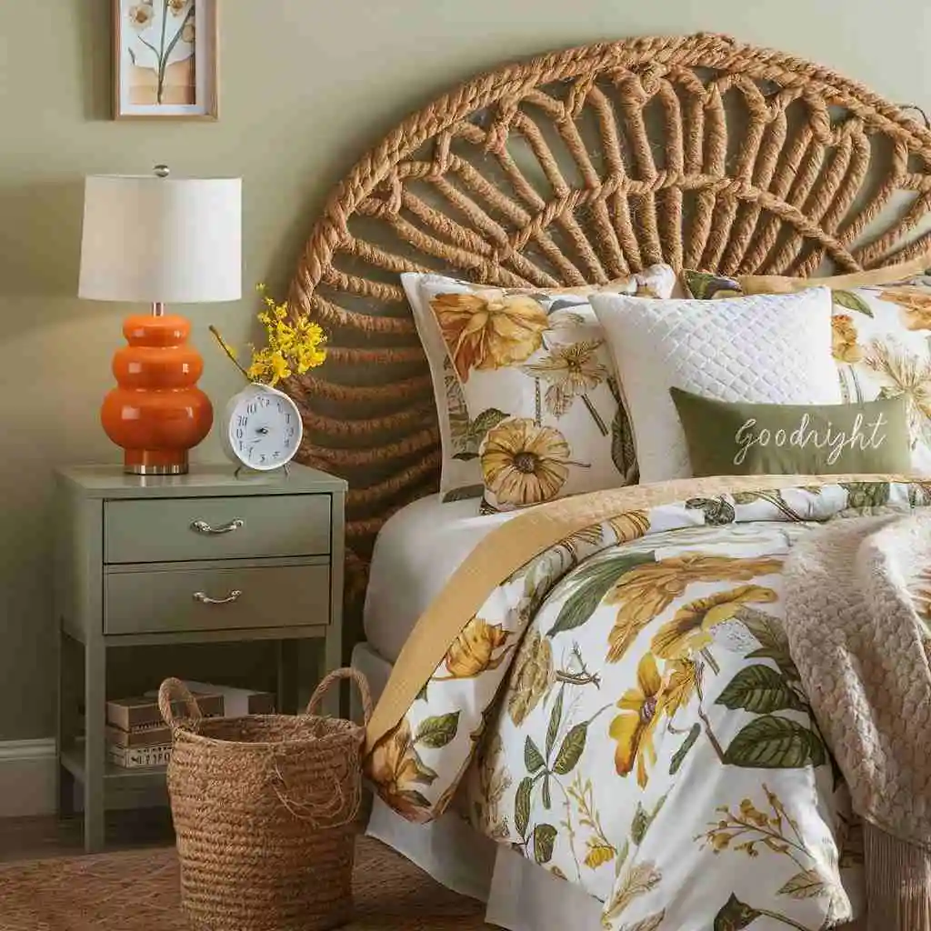 woven headboard green bedroom