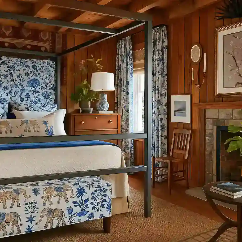 Blue Bedroom Decor with Indigo pattern print on curtains, bedsheet