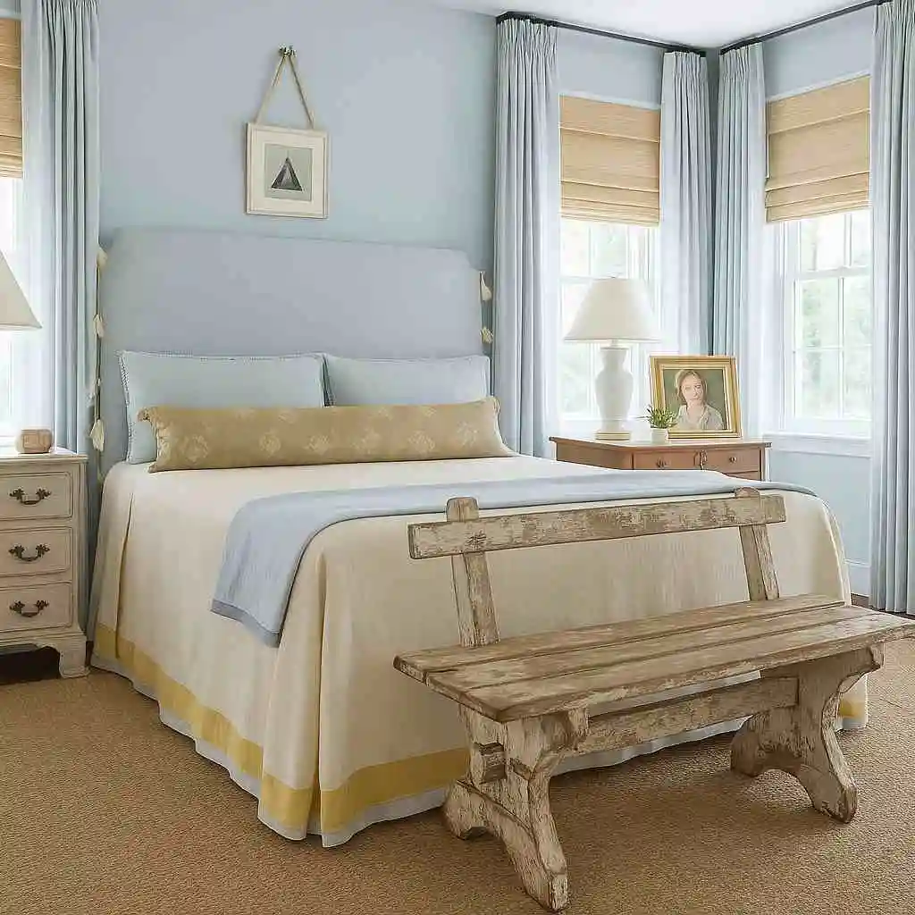 Blue Headboard bed in blue bedroom