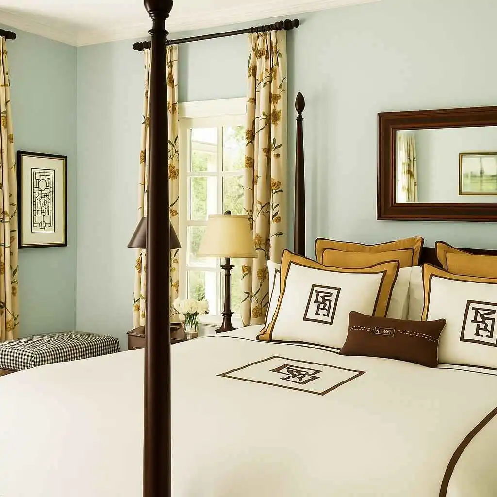 Blue bedroom with four poster bed