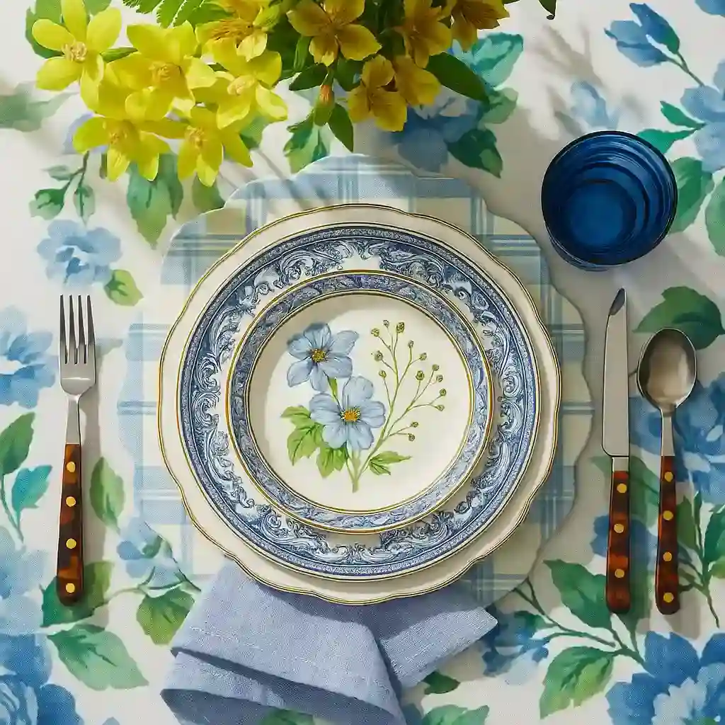 Blue floral print dining table cloth and blue cutlery