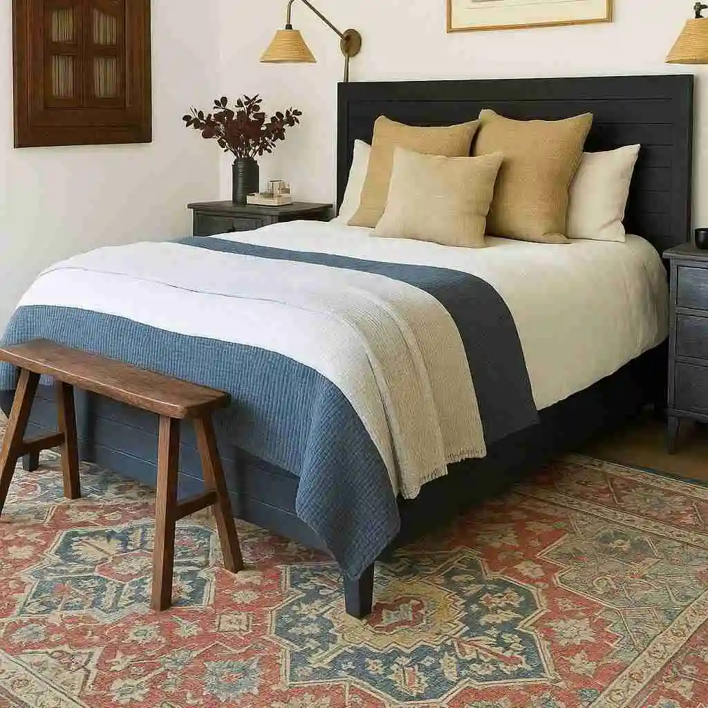 Master bedroom with white wall and blue bed - blue bedroom decor