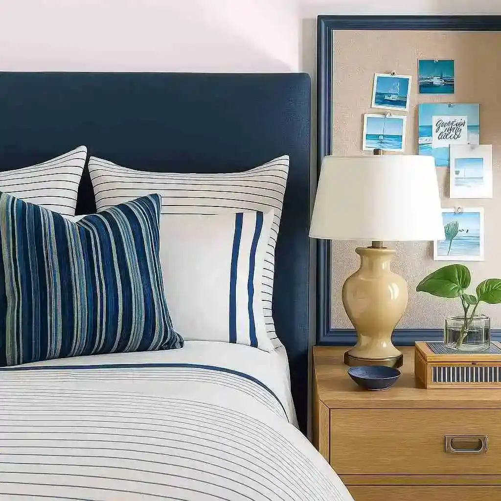 navy blue headboard bed in the blue bedroom