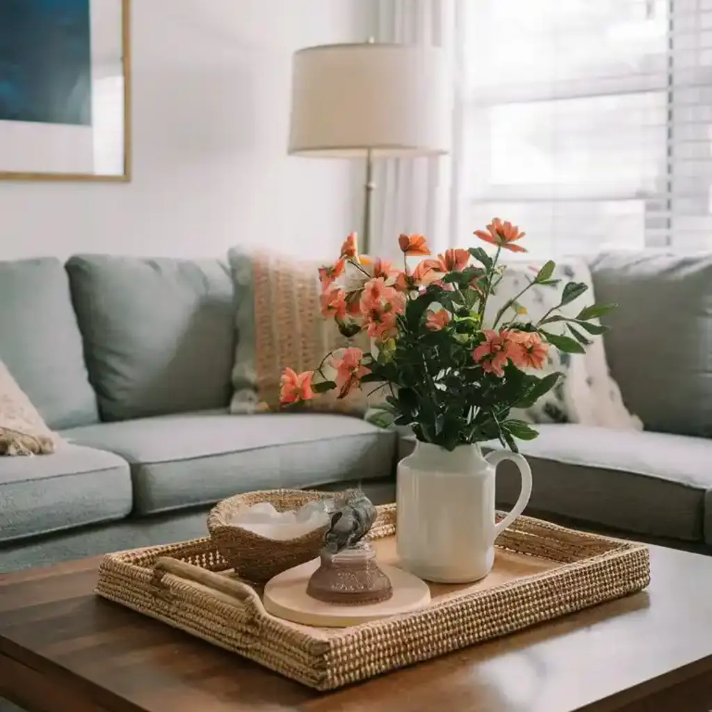 a decorative tray on the coffee table in the living room home aesthetic diy