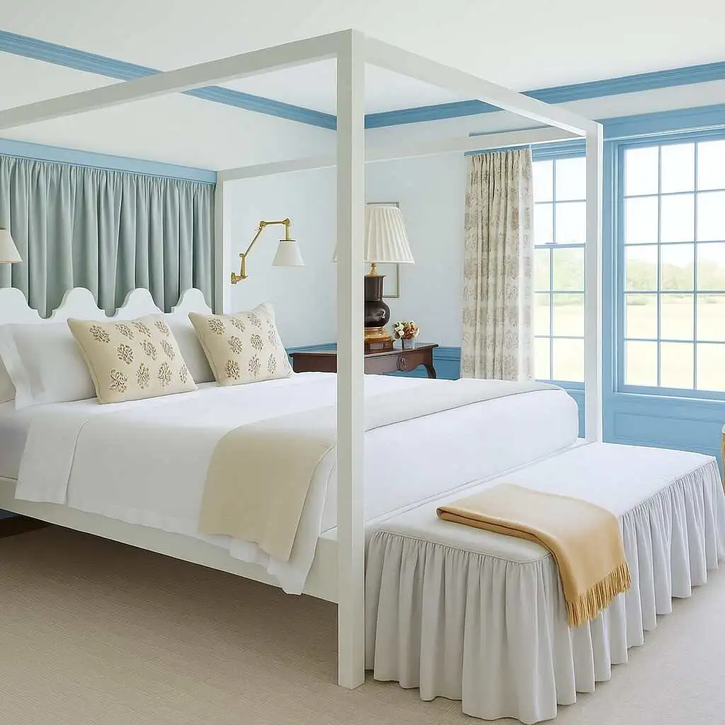 blue bedroom decor - bedroom with white walls and trim and door in blue
