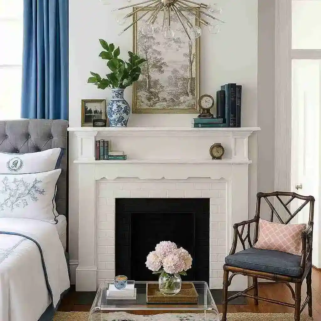bedroom with blue drapes
