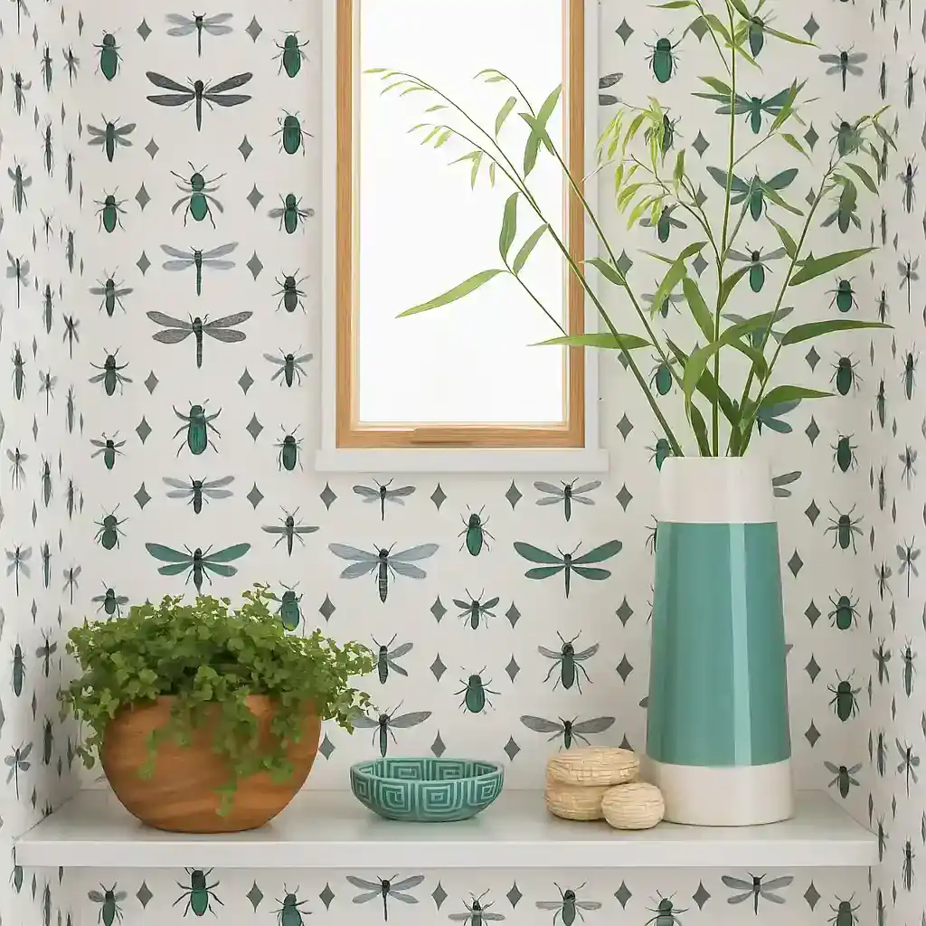 ceramic vase wooden planter is placed on the shelf in the bathroom