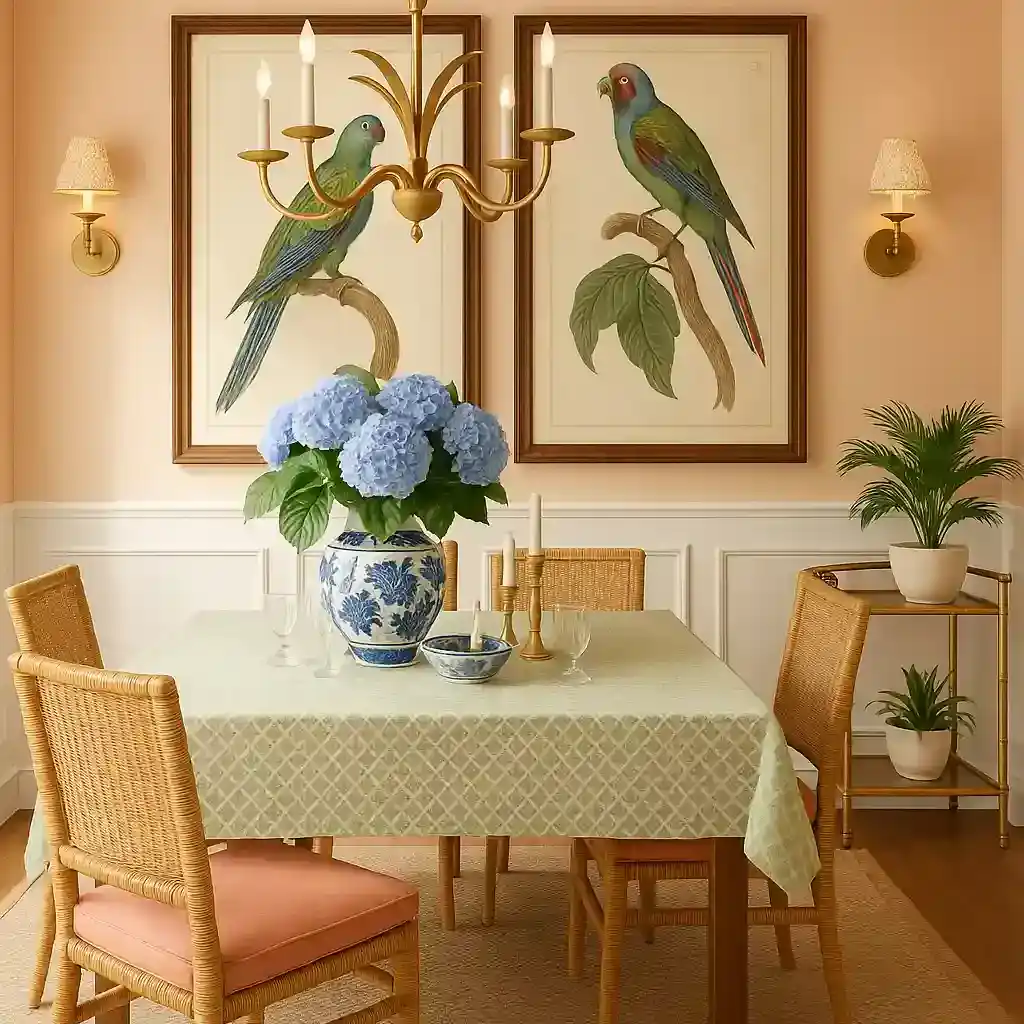 dining room with brass candle chandelier and bird portrait on the wall