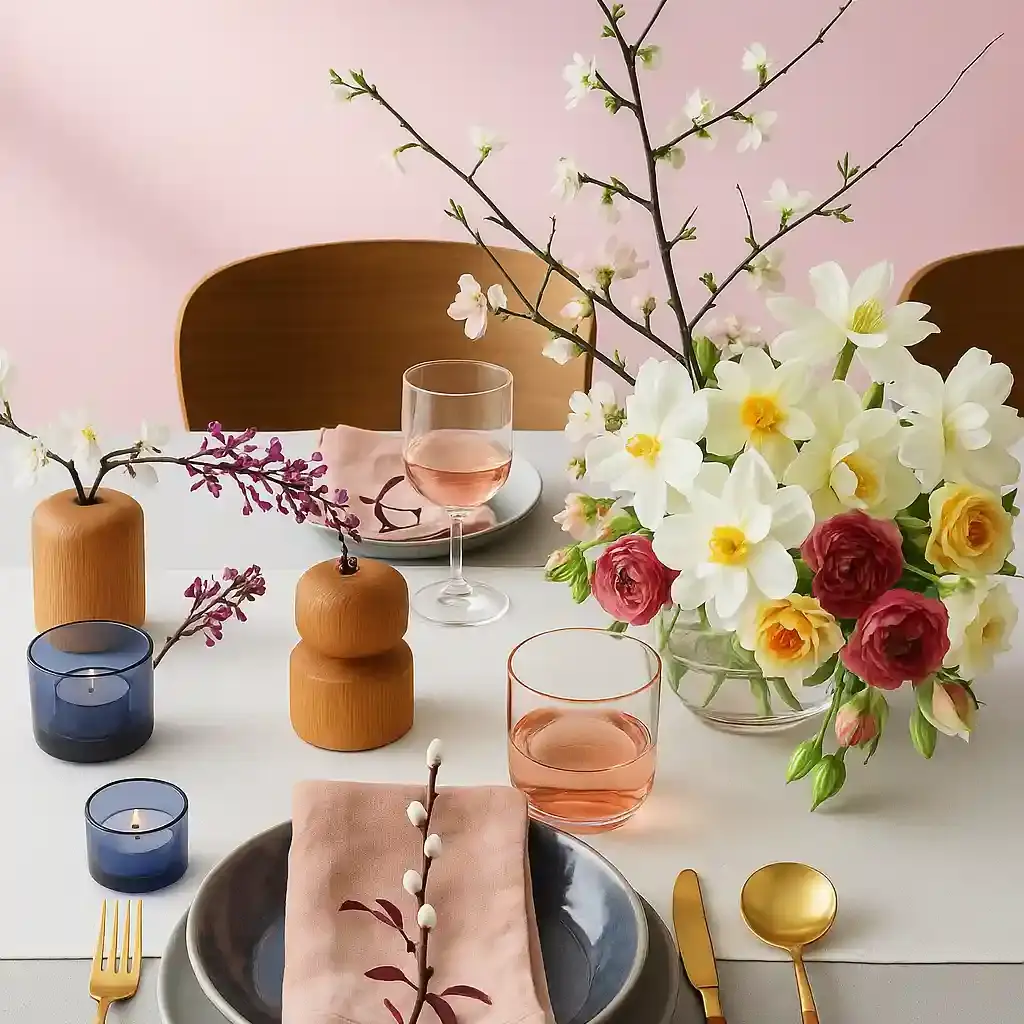 dining table with floral centerpiece and cutlery