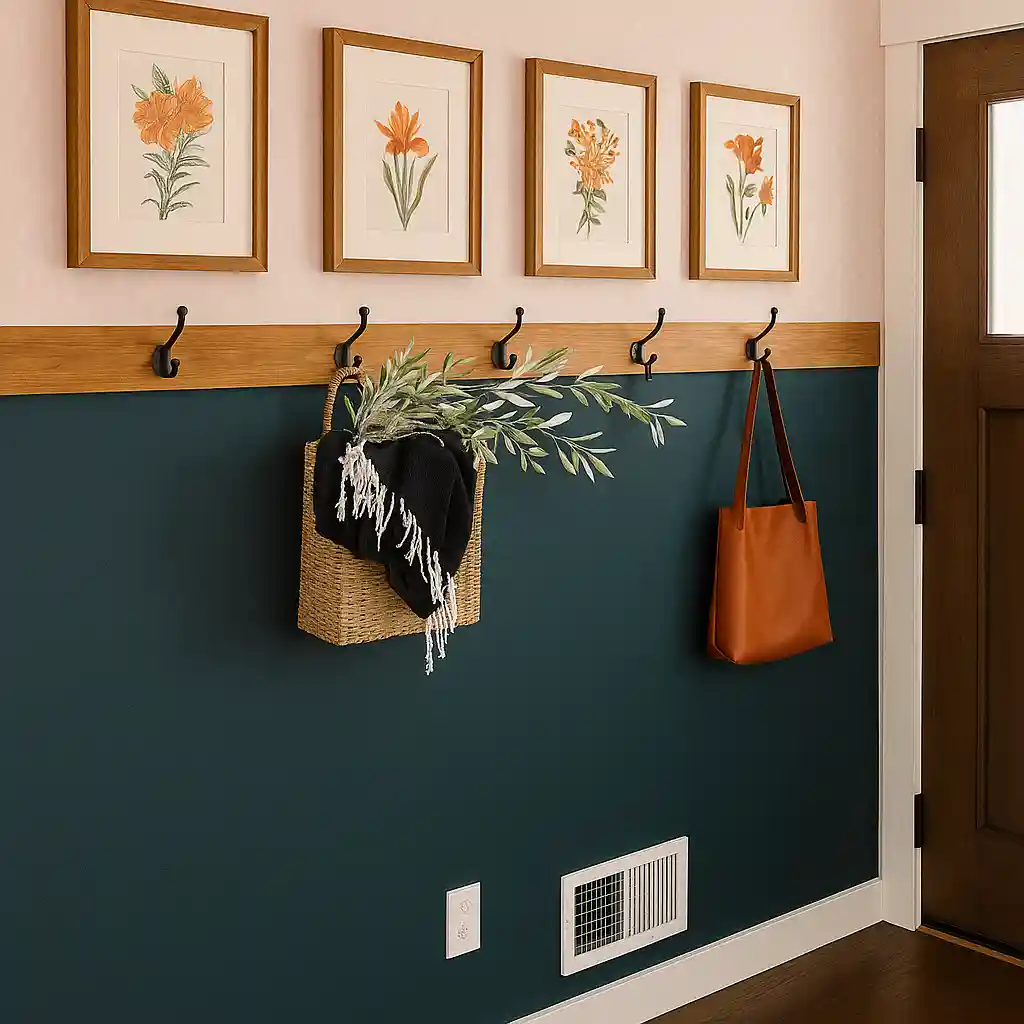 floral portrait hung on the wall with cream and dark blue paint