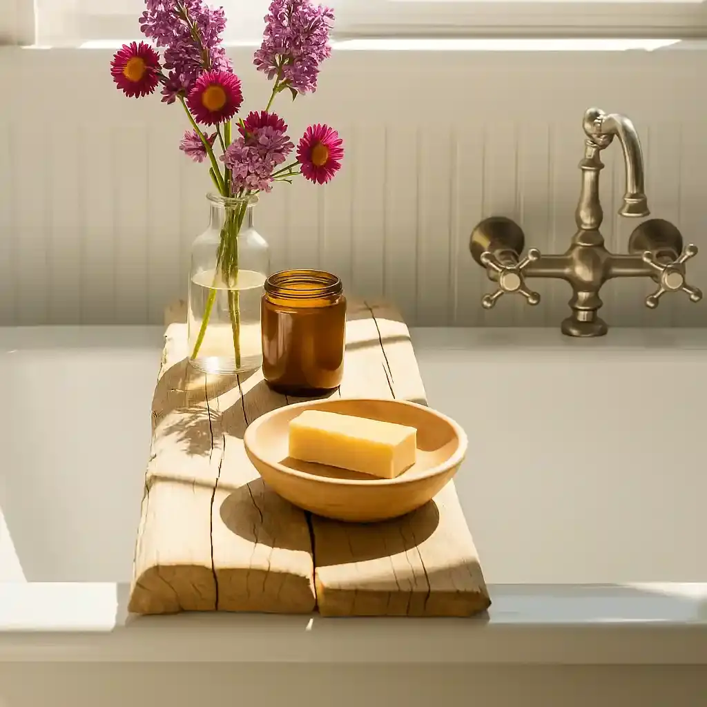 flower and essential oil on the bathtub in the bathroom