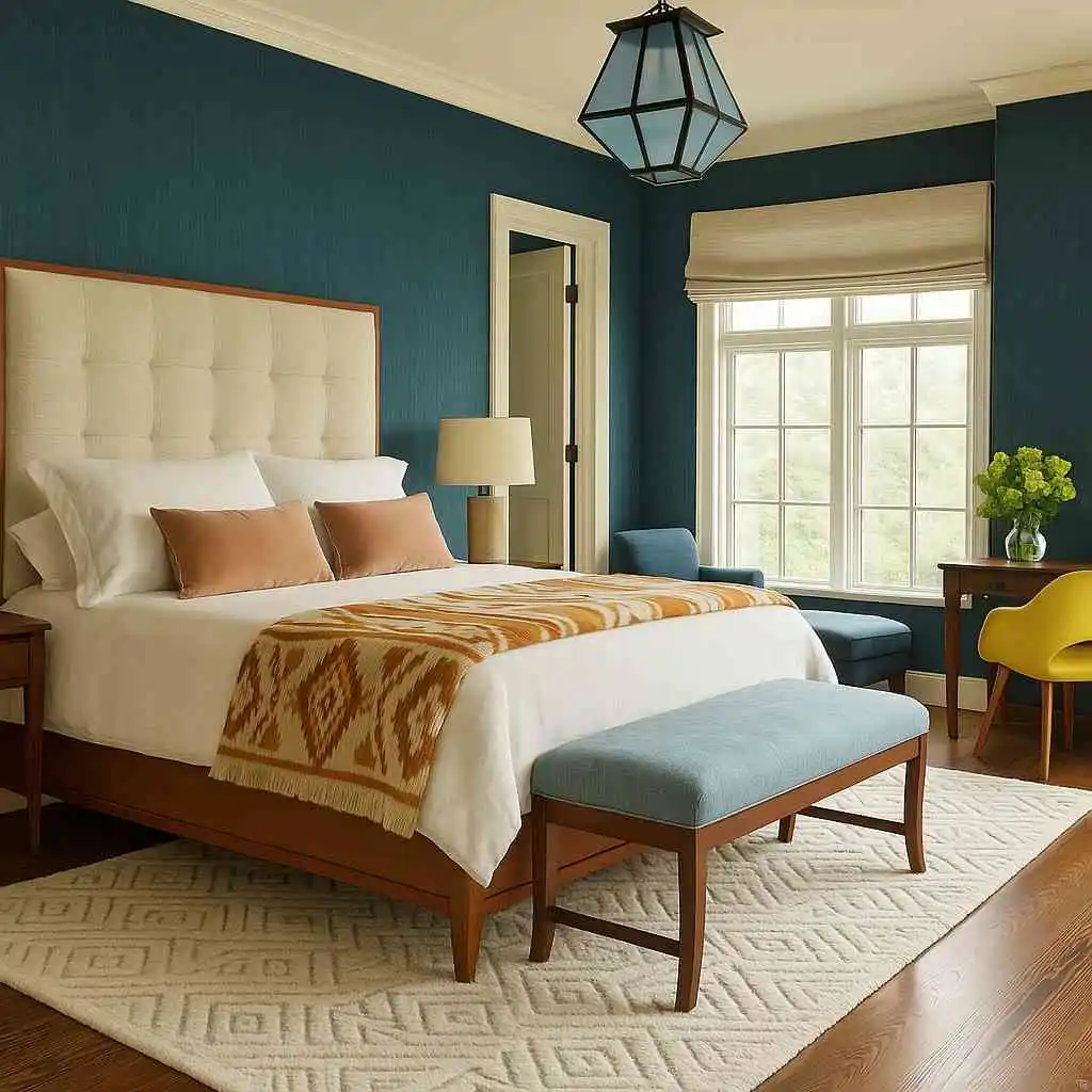 master bedroom with blue textured wallpaper-blue bedroom decor