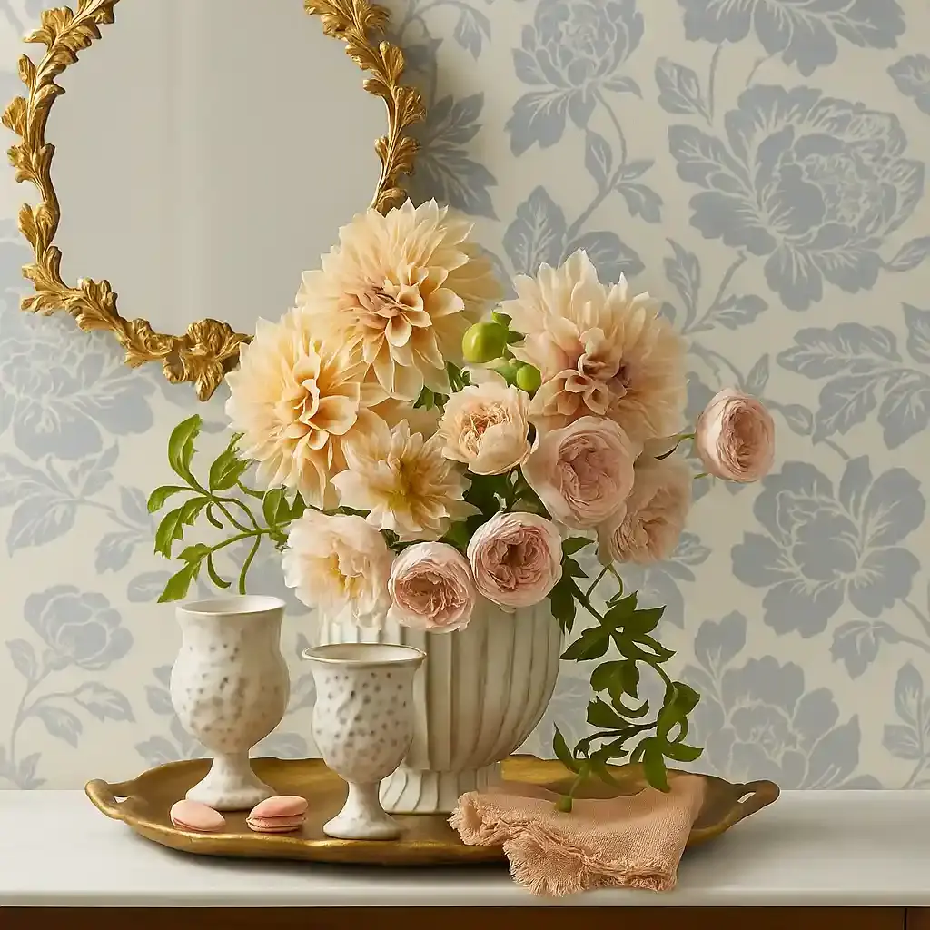 patterned wallpaper behind the dresser wall