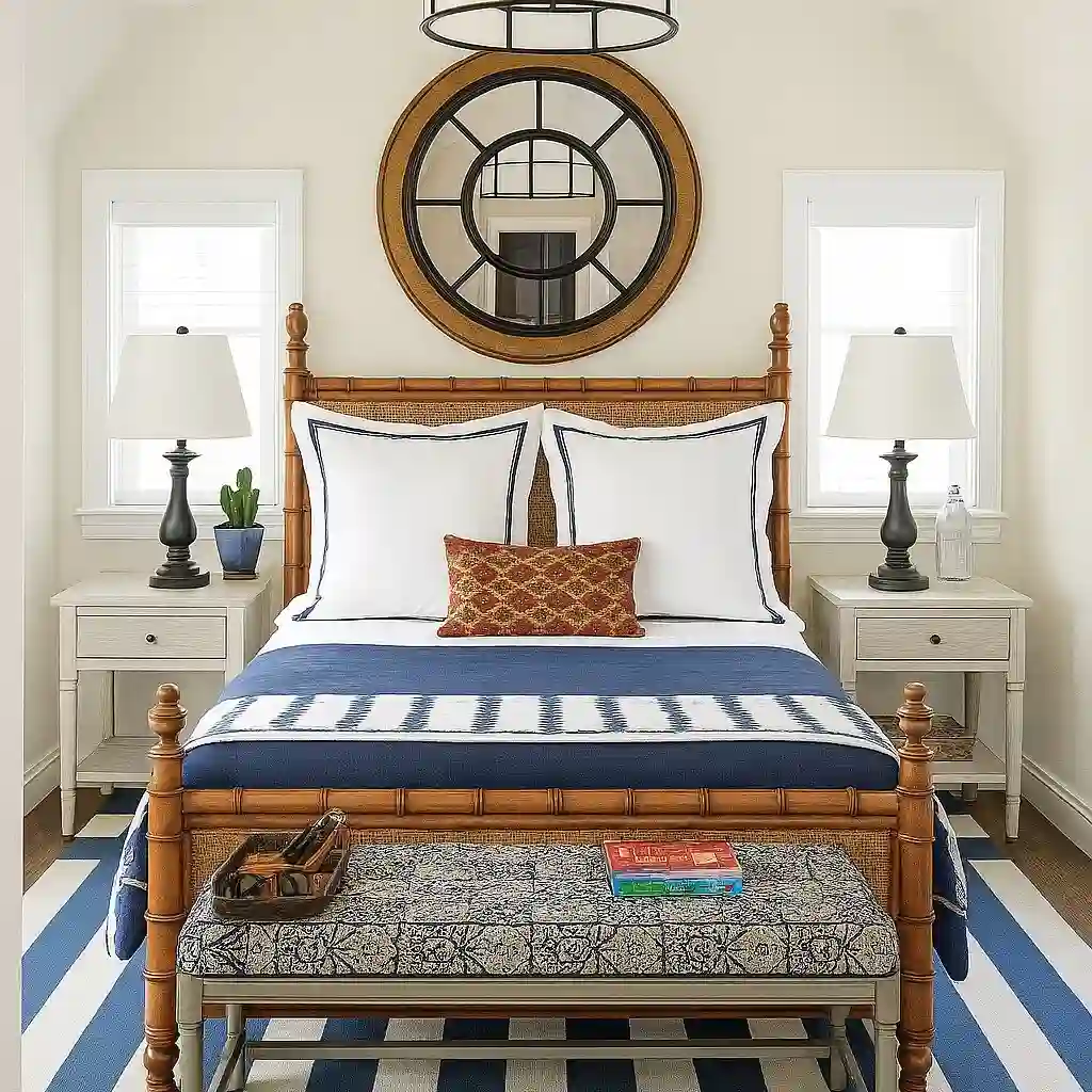 preppy bedroom with blue and white stripe rug