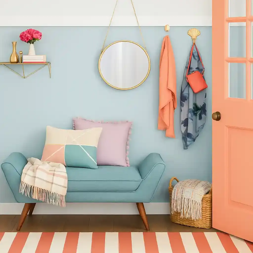 sky blue living room with peach entryway