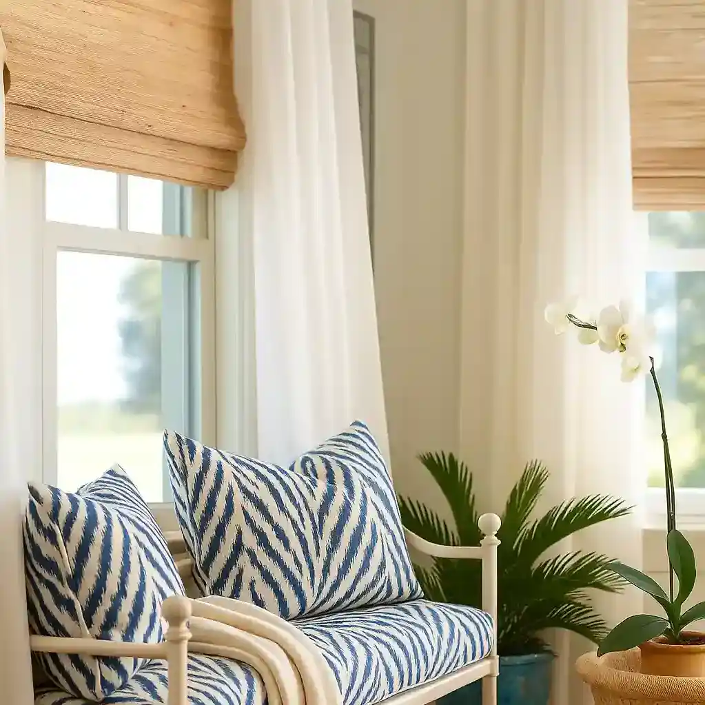 white living room with woven shades on window