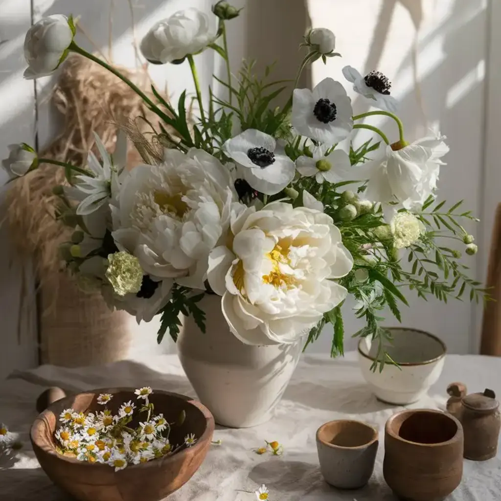 A beautiful arrangement of white peonies and anemones in a cream vase, surrounded by rustic bowls and scattered daisies on a linen tablecloth Spring Centerpiece Decoration