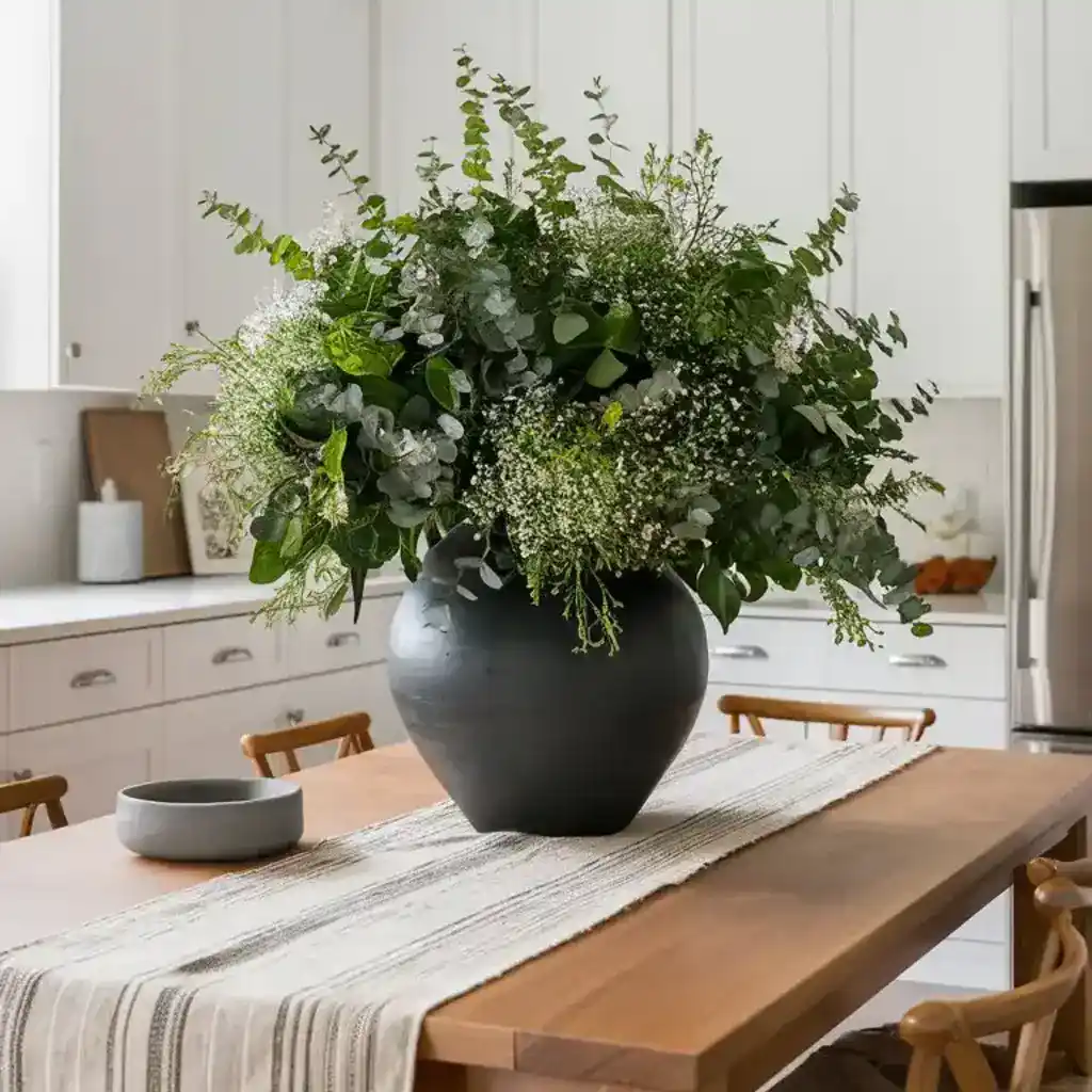 A large black vase filled with lush greenery and delicate white flowers sits on a wooden dining table with a striped runner Spring centerpiece Decoration
