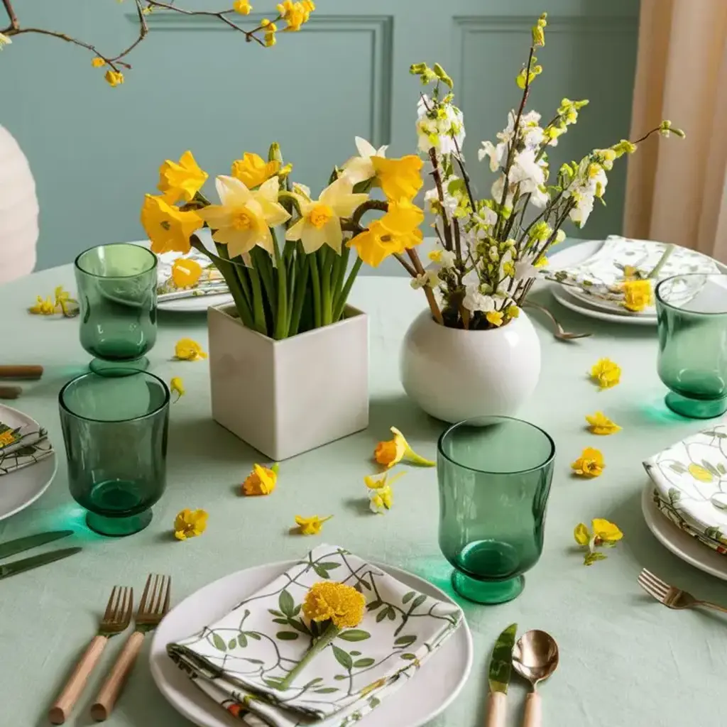 A spring-themed dining table set with green glasses, floral napkins, and vibrant daffodils in decorative vases against a pastel background Spring Decoration