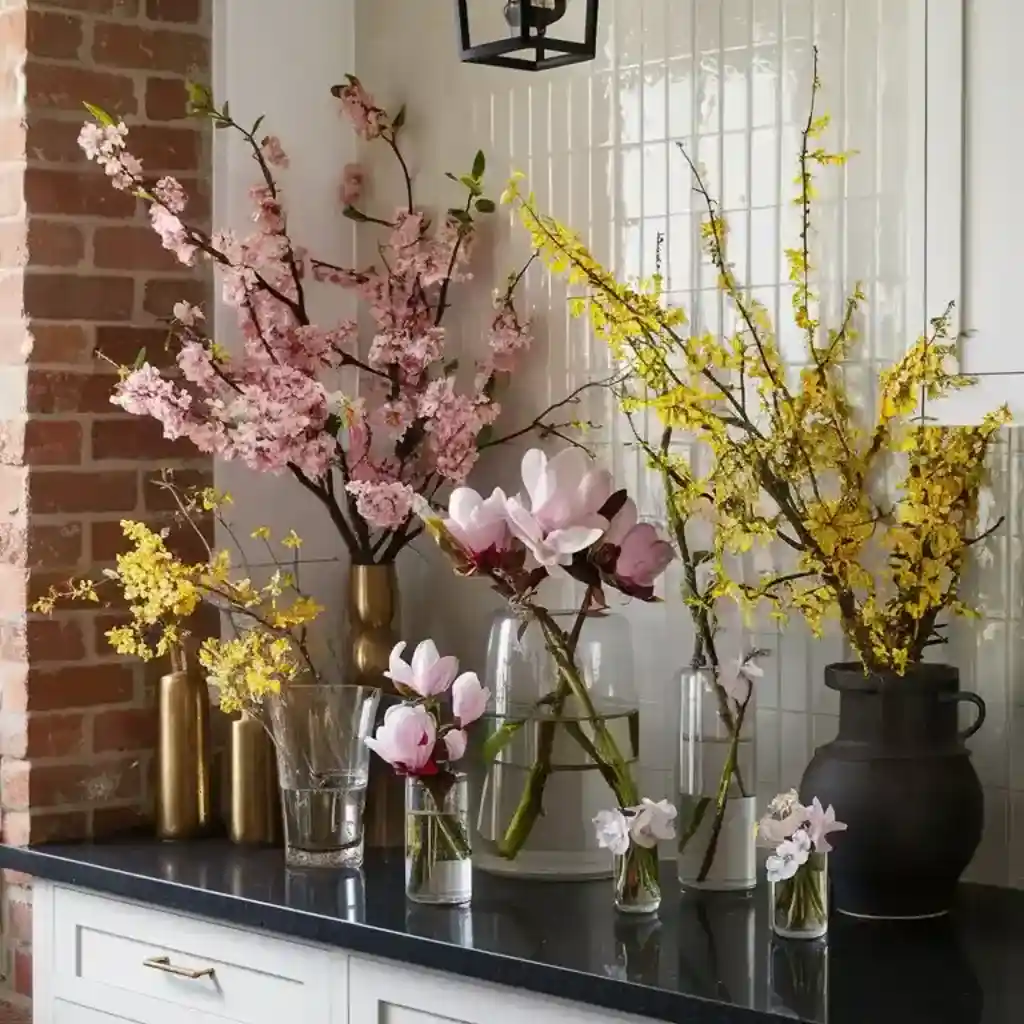 A stylish kitchen countertop adorned with various blooming branches in elegant vases, complemented by a lantern and brick wall accent Spring Centerpiece Decoration