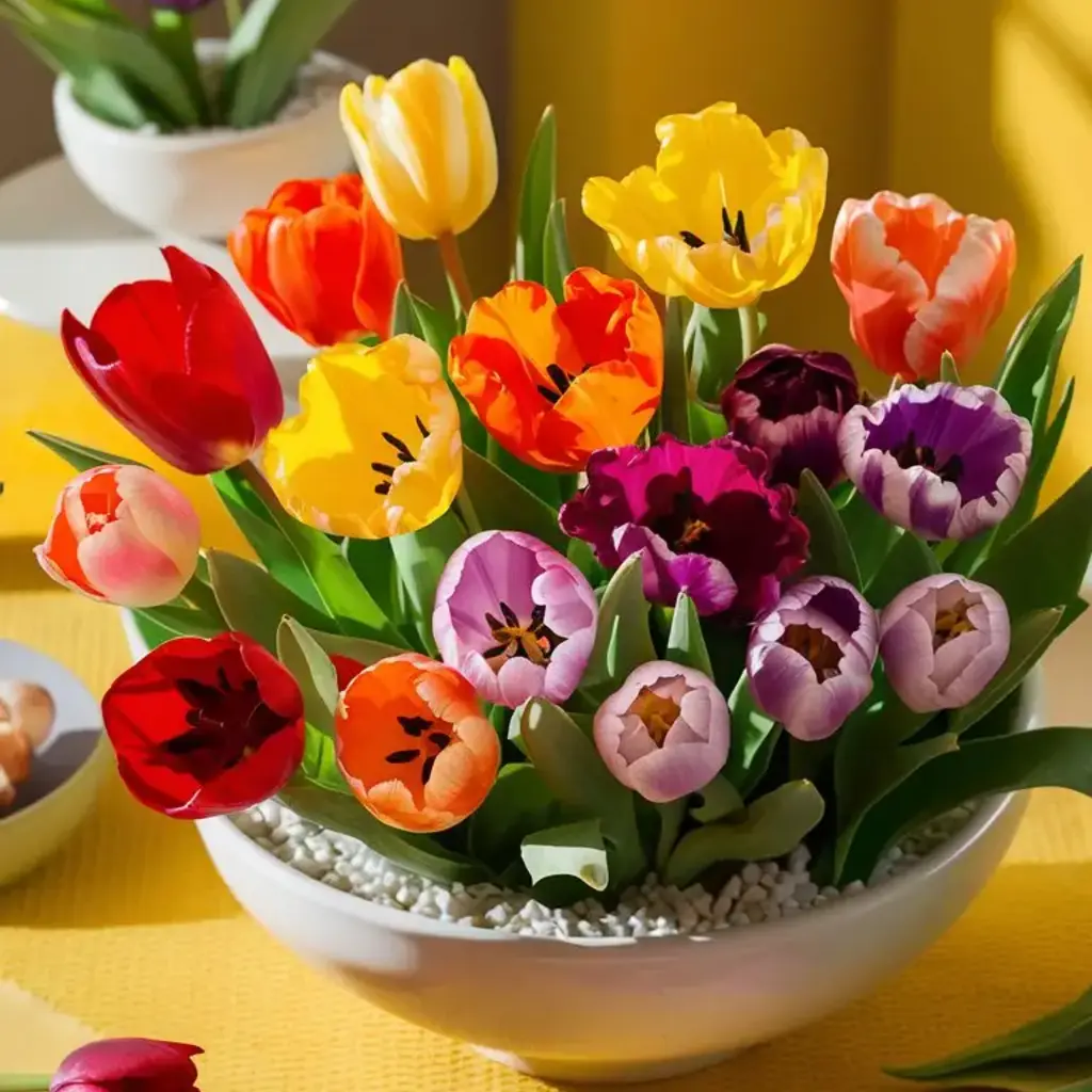 A vibrant arrangement of multicolored tulips in a white bowl, surrounded by smaller pots and a yellow tablecloth. - Spring Centerpiece Decoration