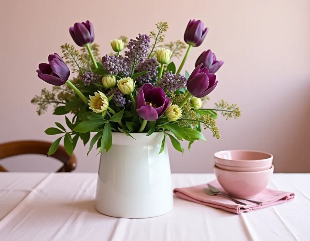 A vibrant bouquet of purple tulips and yellow flowers in a white vase, accompanied by pink bowls on a pastel table setting Spring decoration