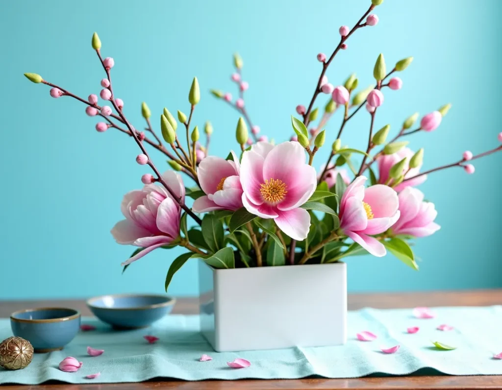 A vibrant floral arrangement with pink blooms and budding branches in a white vase, set against a soft blue background Spring Decoration