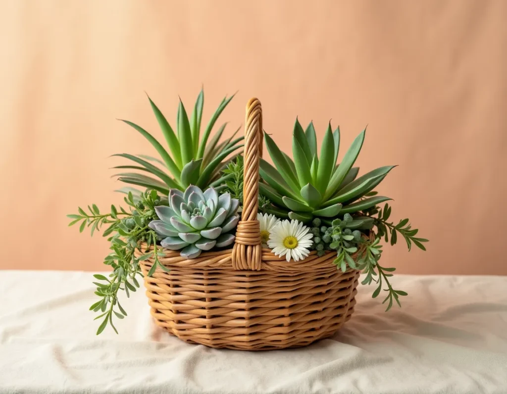A woven basket filled with vibrant succulents and daisies, set against a warm, neutral backdrop Spring Decoration