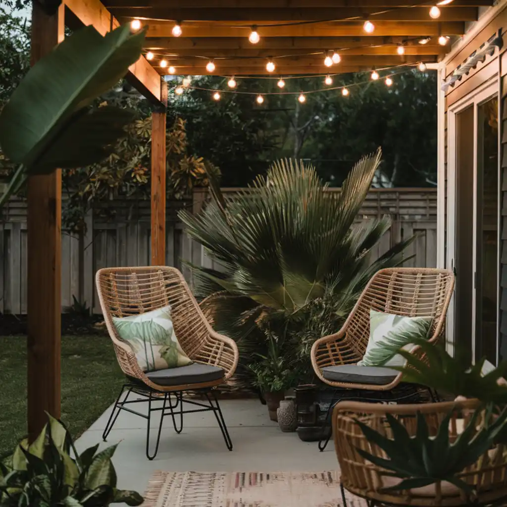 Backyard patio with string lights, rattan chairs, and tropical plants