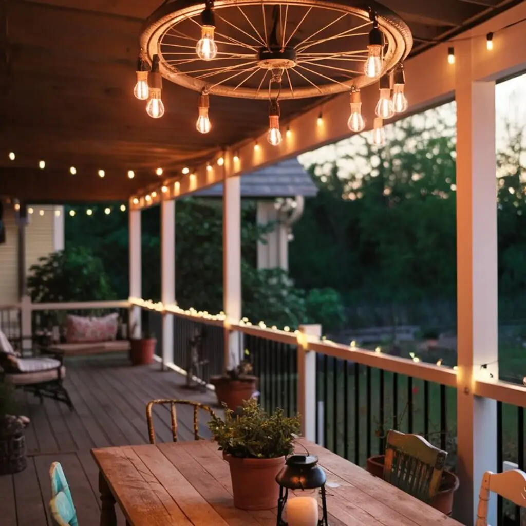 Bicycle Wheel Chandelier DIY porch
