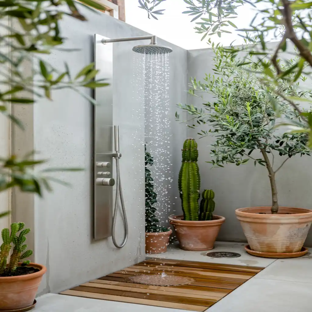 Concrete and Wood Outdoor Shower
