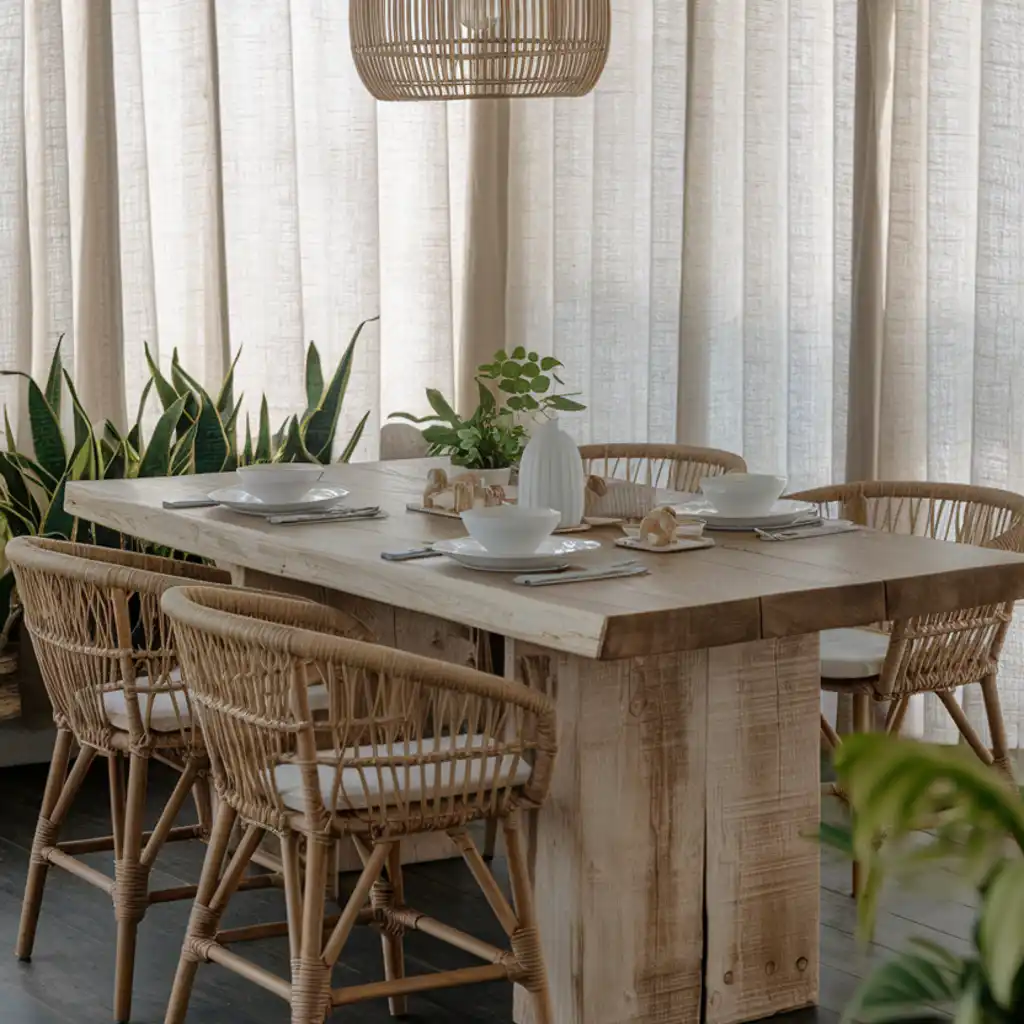 Dining area with a reclaimed wood table and woven rattan chairs