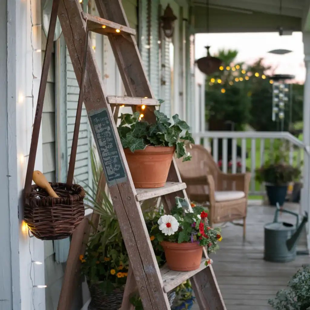 Diy ladder plant stand on the porch