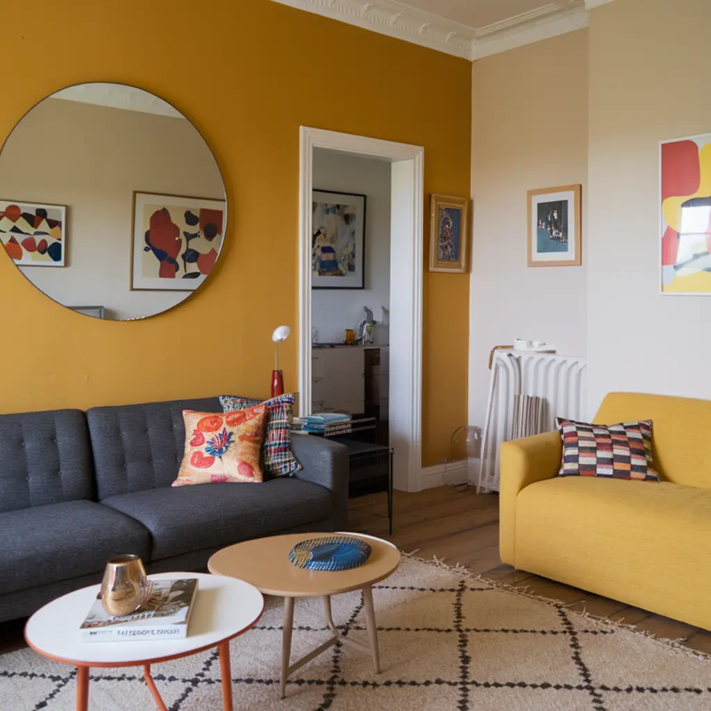 Living room with bold sunny yellow accent wall and colorful decor pillows