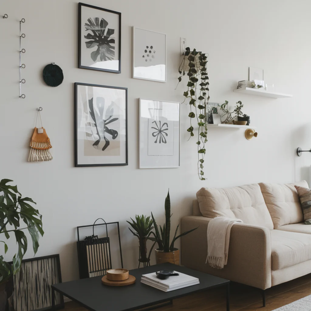 Minimalist gallery wall with seasonal colors and textures in the living room