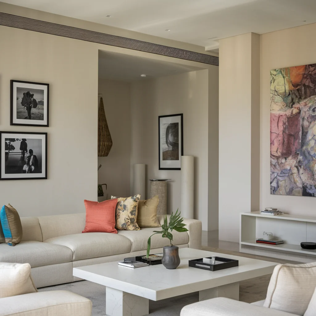 Modern living room with neutral color and colorful cushion