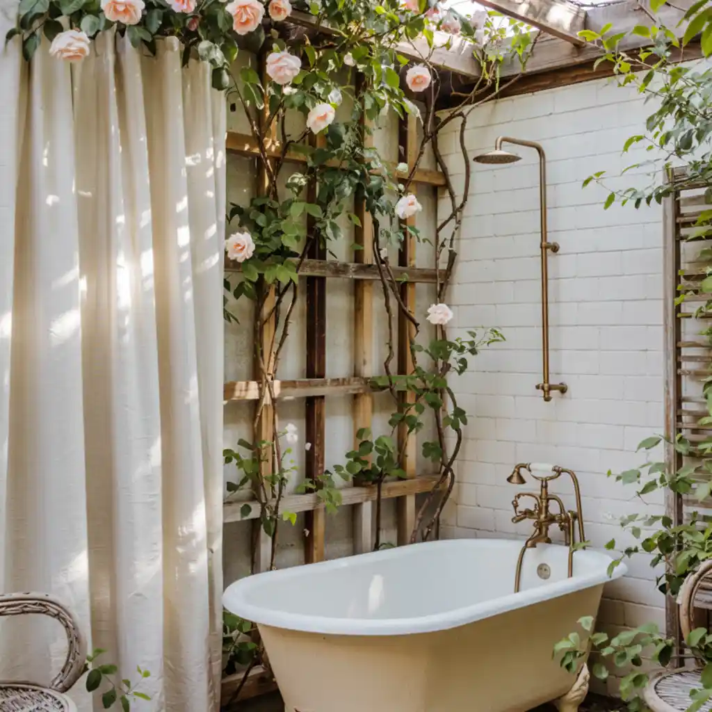 Outdoor shower with bathtub