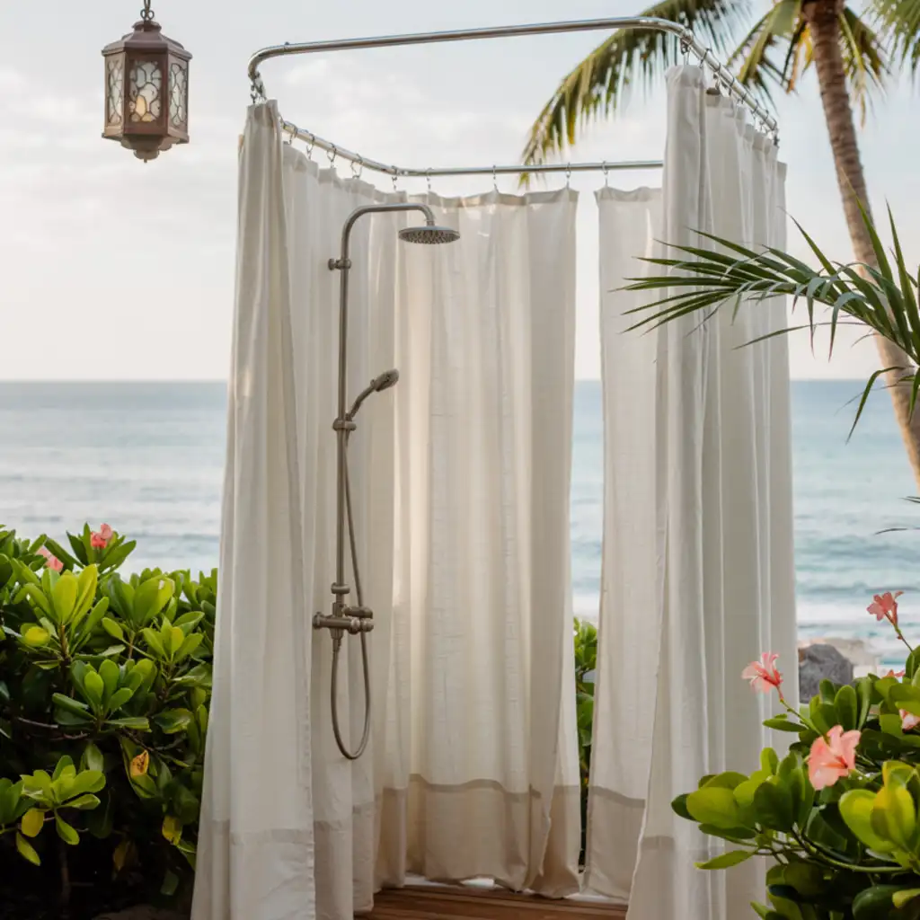 Privacy Curtain on Tension Rods Outdoor shower