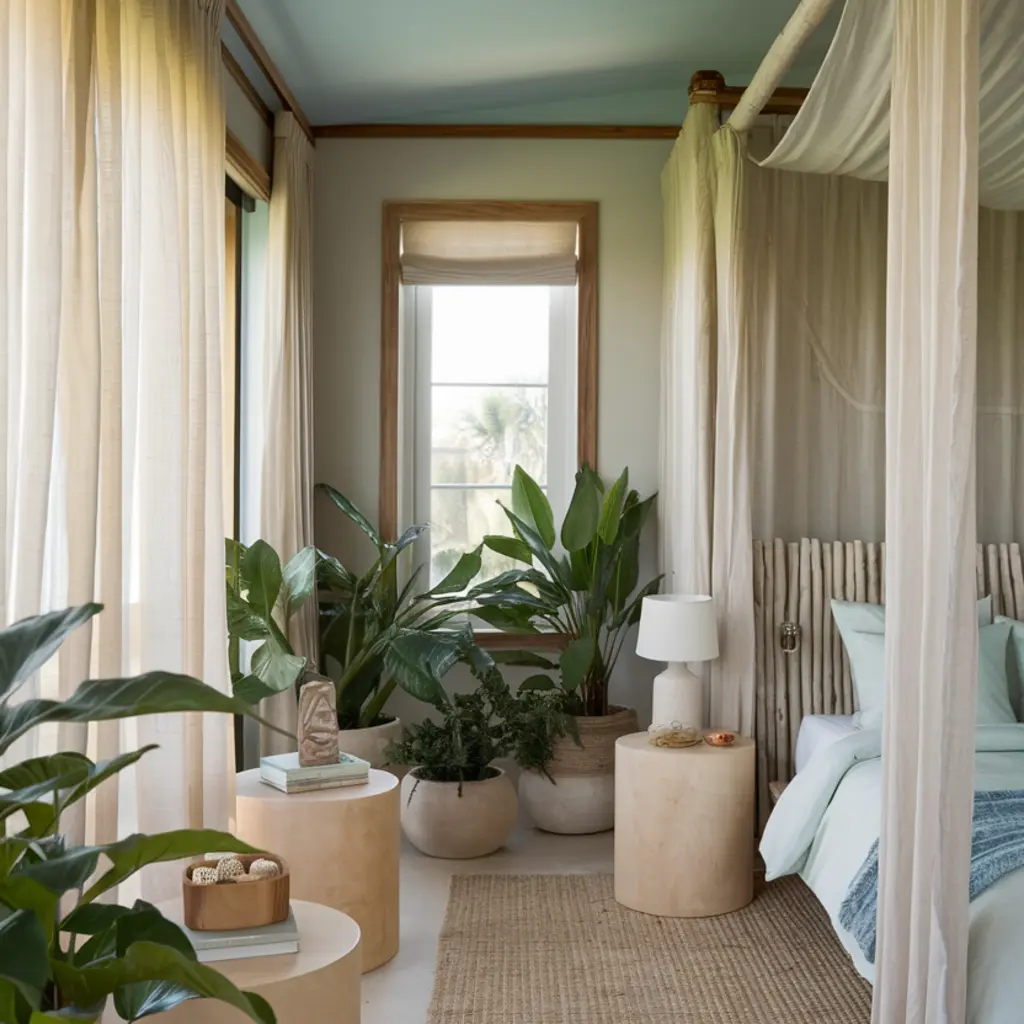 Soft Blue Breezy bedroom with sheer curtains, coastal palette, and potted plants