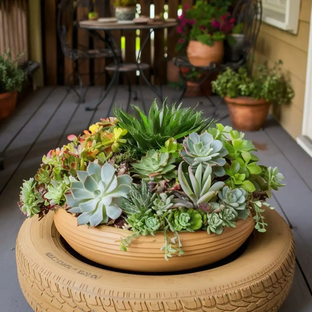 Succulent Planter tire in the porch