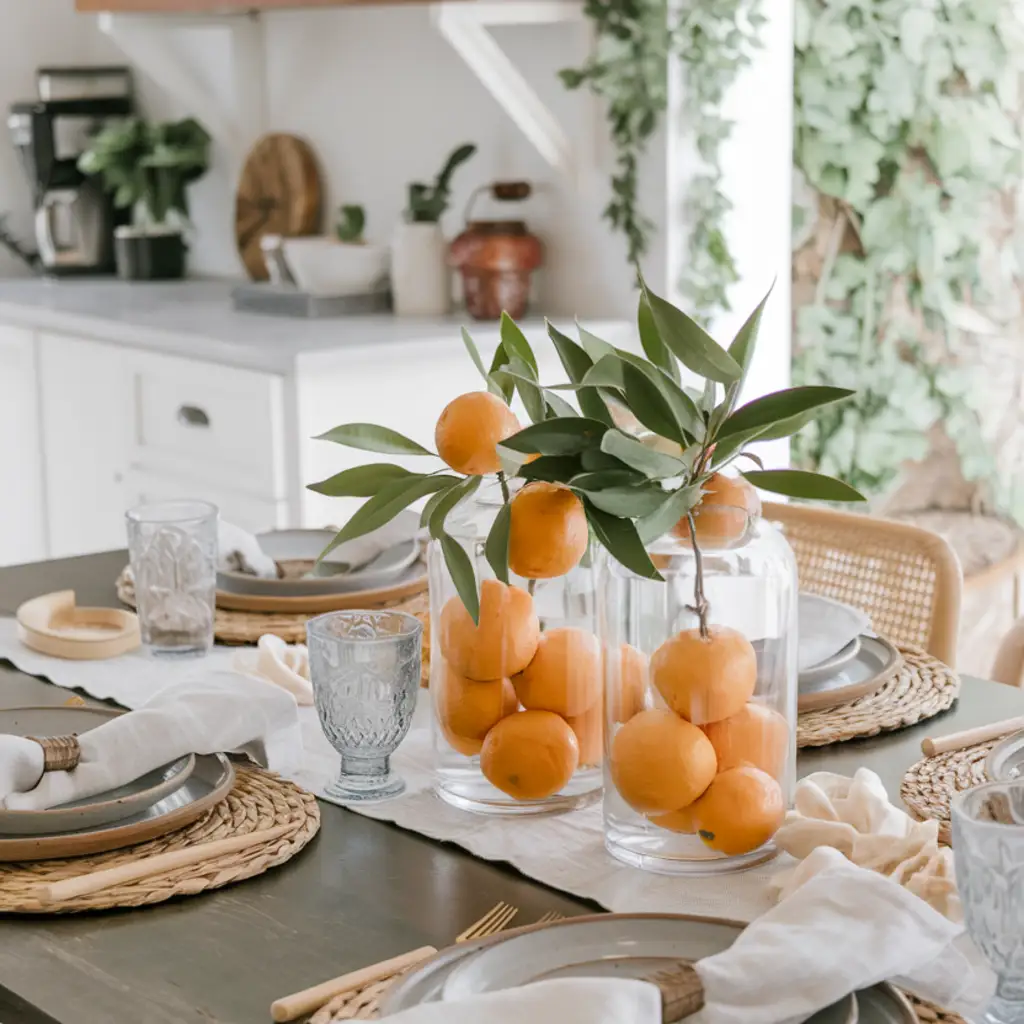Summer tablescape with lemon centerpiece, neutral dishware, and linen napkins