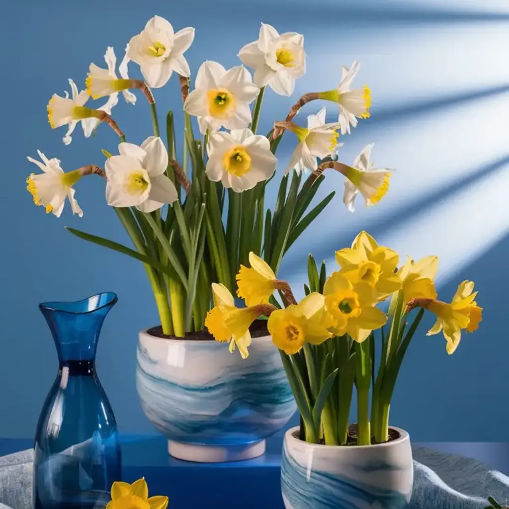 Two potted daffodil arrangements—white and yellow flowers—set against a blue background with a blue vase and cloth Spring Centerpiece Decoration