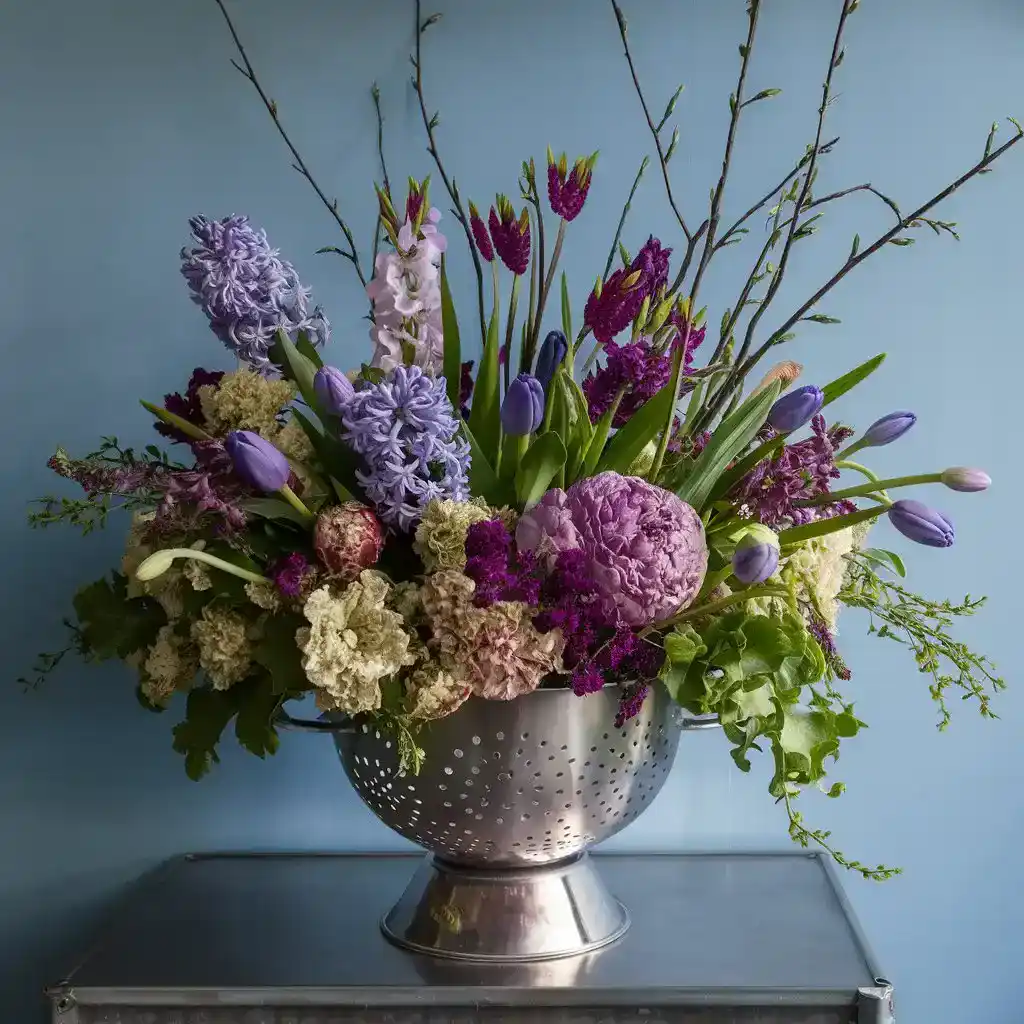 Vibrant floral arrangement in a silver colander, featuring purple tulips, hyacinths, and peonies against a soft blue background Spring Centerpiece Decoration