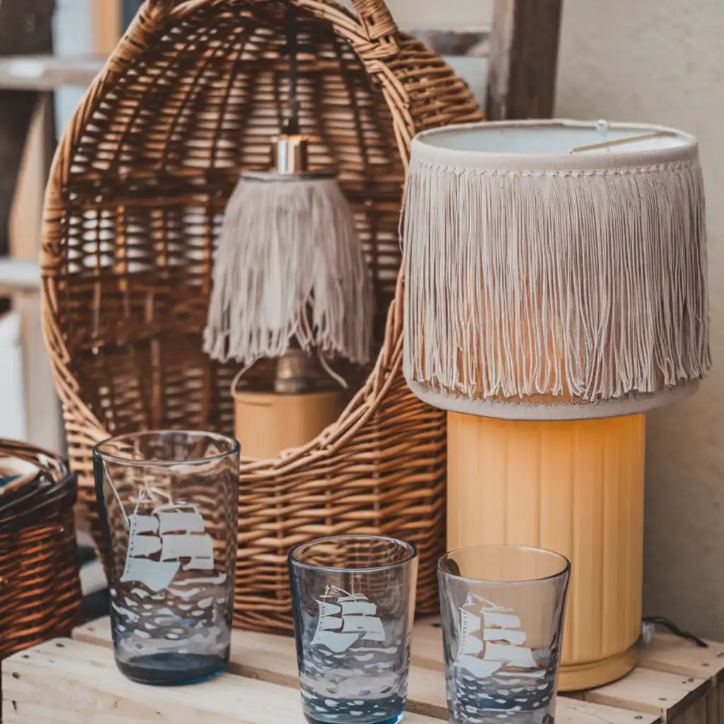 Vintage market finds – wicker basket, retro lamp, and coastal-inspired glassware