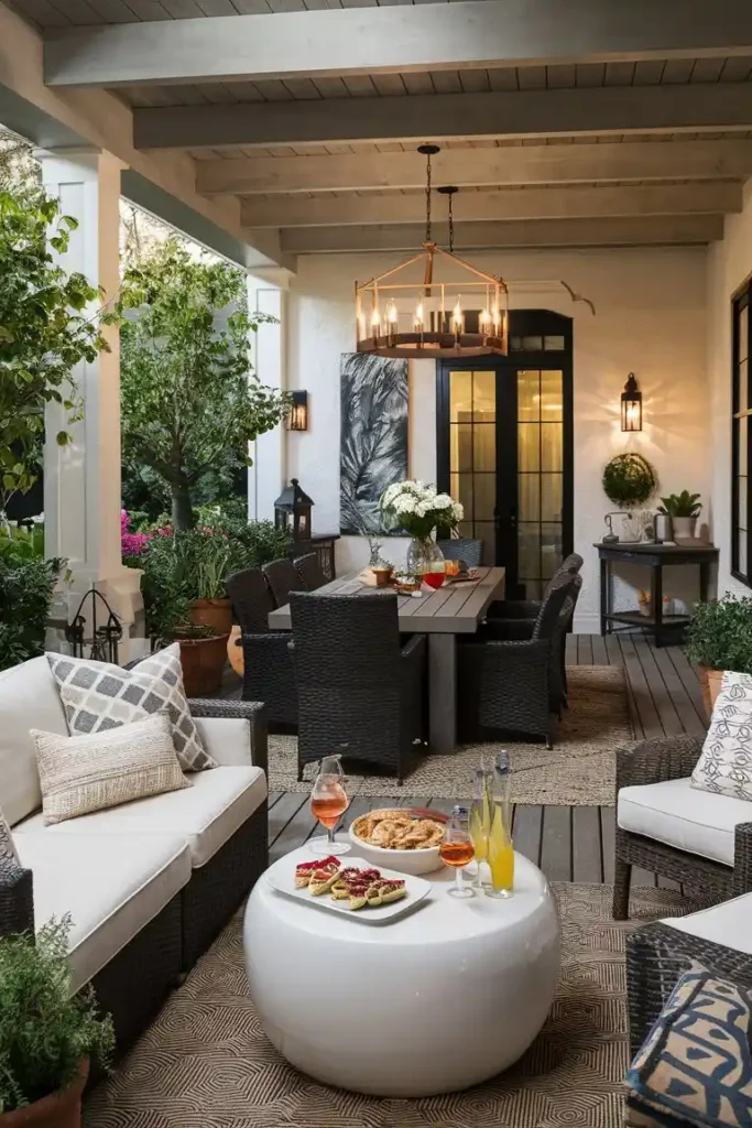 a dining set up and sitting place back porch along rustic chandelier