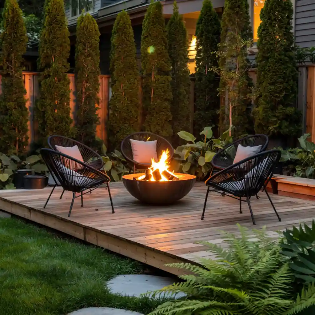 a firepit in the small backyard